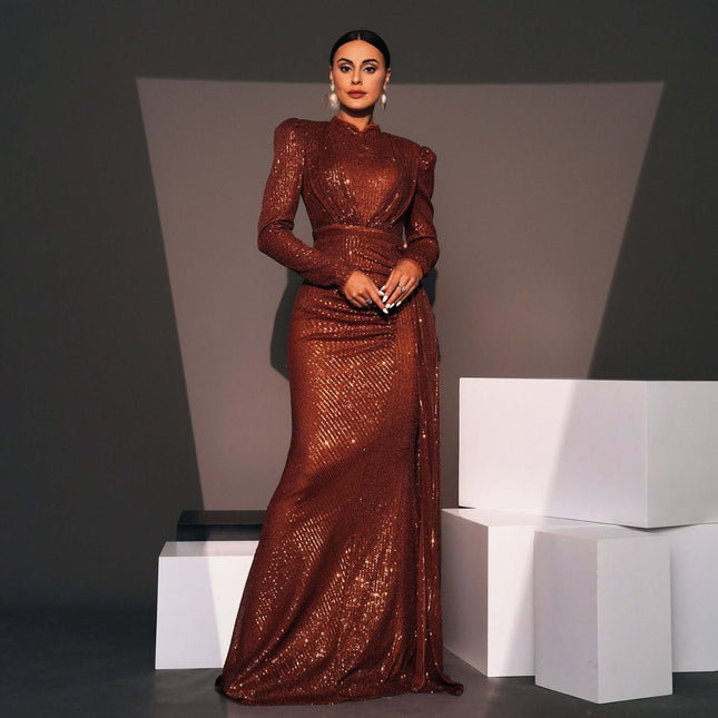 Sequined Banquet Dress Long Sleeve for Evening Events - bronze sequin long-sleeve hip-skirt gown for weddings, galas and receptions