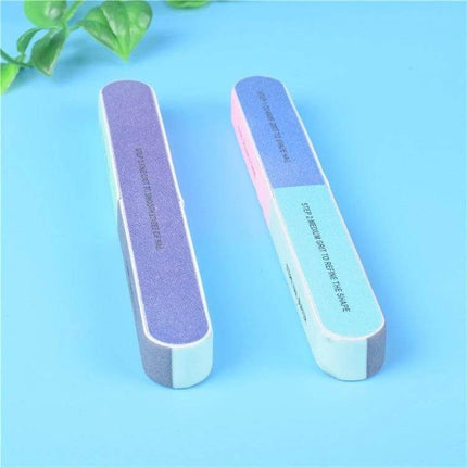 Seven-Sided Nail File Buffers For Fingernails And Toenails displayed on blue background showing two multi-surface manicure and pedicure buffers