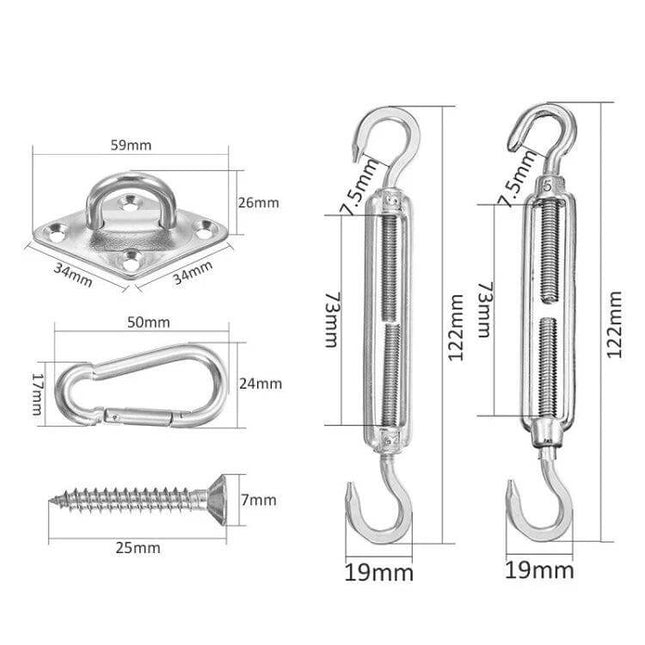 Shade Sail Outdoor Hardware Set Stainless Steel 18 Pieces M5 showing plated anchor plate, turnbuckle, carabiner and screws with measurements