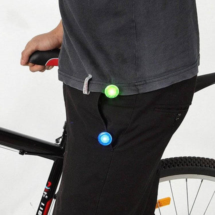 Shoe Clip Light LED For Night Running To Stay Visible - compact weather-ready green and blue clip lights attached to apparel while cycling