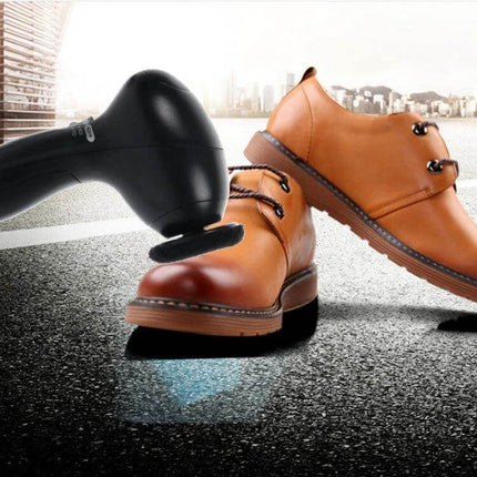 Shoe Dryer Portable for Leather Care and Maintenance showing compact battery-powered plastic dryer beside brown leather shoes