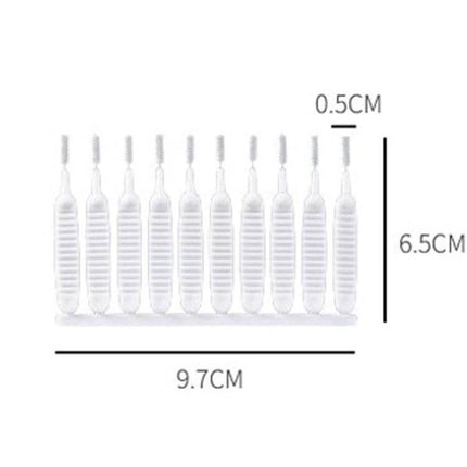 Shower Hole Cleaning Brush 10 Pack For Faucets And Drains - white nylon bristle slim head set showing 10 brushes with dimensions 9.7cm x 6.5cm