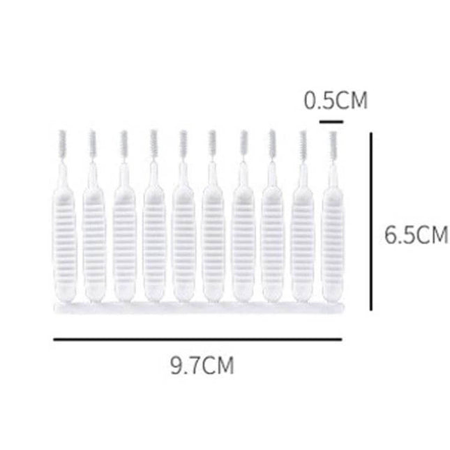 Shower Hole Cleaning Brush 10 Pack For Faucets And Drains - white nylon bristle slim head set showing 10 brushes with dimensions 9.7cm x 6.5cm