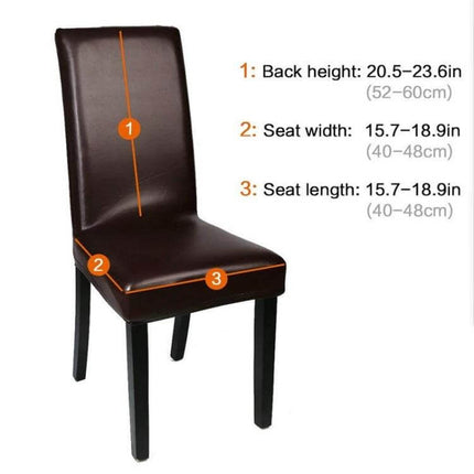 Siamese Chair Cover Elastic Waterproof PU Leather Stretch Fit on brown dining chair showing measurements and snug waterproof stretch PU leather
