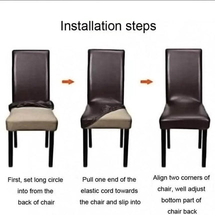 Siamese Chair Cover Elastic Waterproof PU Leather Stretch Fit shown in three-step installation on a dining chair, demonstrating snug waterproof stretch fit