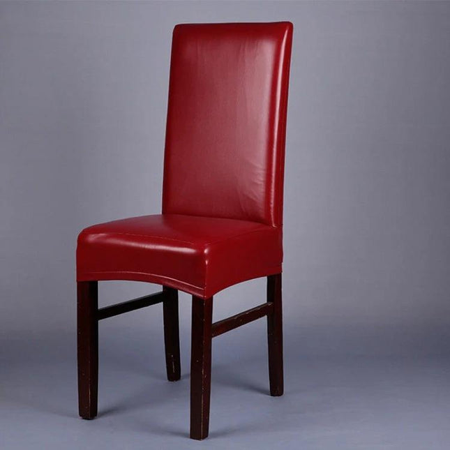 Siamese Chair Cover Elastic Waterproof PU Leather Stretch Fit on red dining chair, snug waterproof stretch PU leather cover for curved back and seat