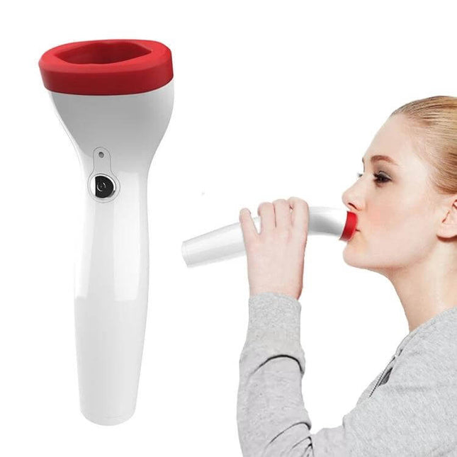 Silicone Lip Plumper Device, Electric Vacuum Tool For Daily Lip Care shown in use with a woman applying gentle suction to lips