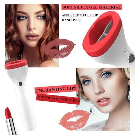 Silicone Lip Plumper Device, Electric Vacuum Tool For Daily Lip Care showing white ABS body with red silicone cup and model close-ups