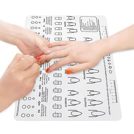 Silicone Manicure Pads Palette Practice Table Mats 40x30cm showing hands practicing nail art on printed silicone mat