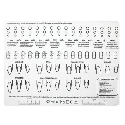Silicone Manicure Pads Palette Practice Table Mats 40x30cm reusable silicone nail art practice mat showing nail shapes, guides and measurements
