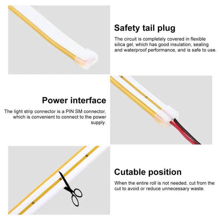 Silicone Neon LED Strip Light, Bendable For Home Decor showing safety tail plug, power interface, and cutable position