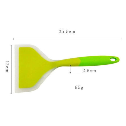 Silicone Nonstick Spatula for Wide Mouth Pans Easy Serving – green silicone flexible tip scraper with measurements 25.5cm x 12cm, 95g, gentle on nonstick pans