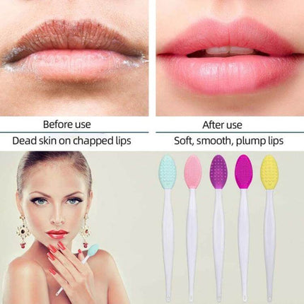 Silicone Nose Cleaning Brush Double-Sided Pore Cleansing showing before/after lip exfoliation and five colored silicone brushes