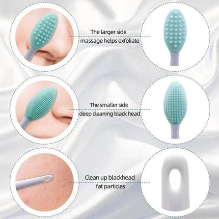Silicone Nose Cleaning Brush Double-Sided Pore Cleansing shown with larger exfoliating side, smaller deep-cleaning side and handle for blackhead removal