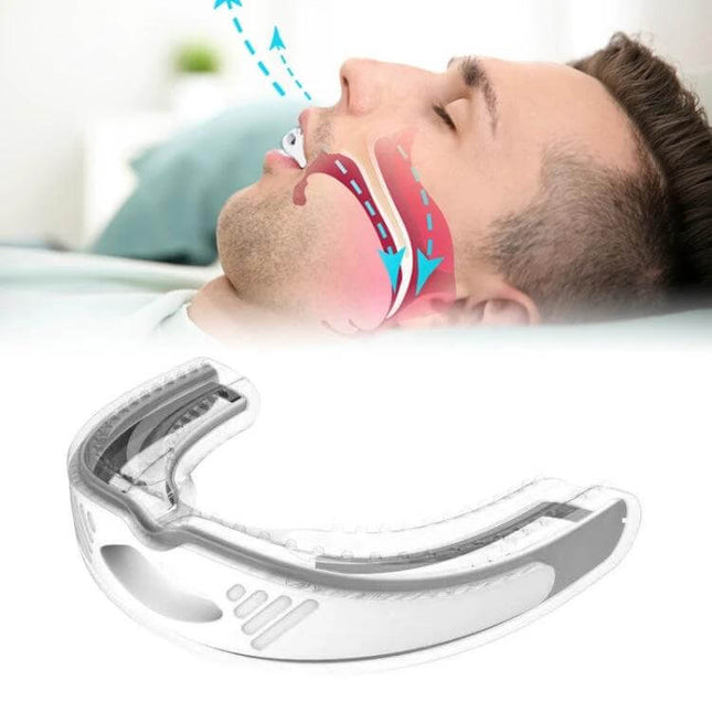 Silicone Stop Snoring Device For Comfortable Sleep shown in mouthpiece reducing snoring and improving airflow