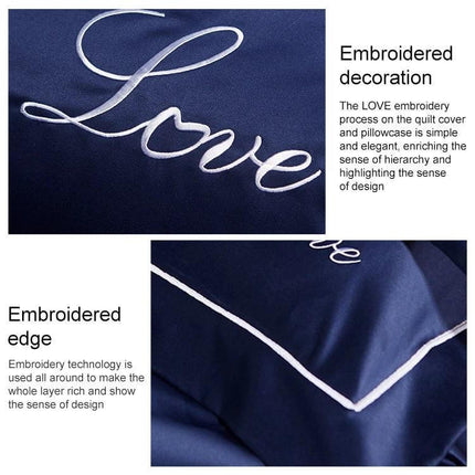 Silk Four Piece Sheet Set Ice Silk Bedding 1.5 to 2.0m embroidered LOVE detail and contrast piped edge on navy ice silk fabric