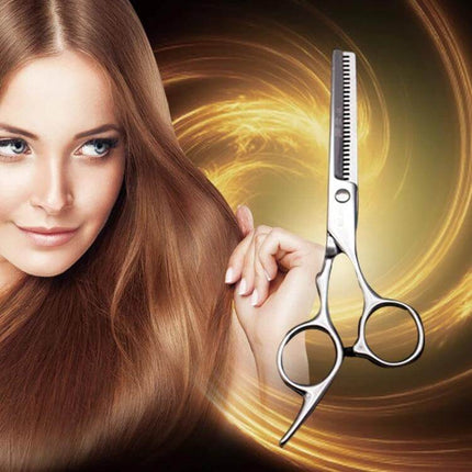 Silver Thinning Hair Cutting Scissors For Everyday Use - glossy 4CR stainless thinning and cutting scissors shown with long hair for home or salon grooming