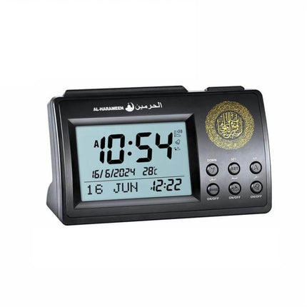 Simple Desktop Clock With Perpetual Calendar For Home Use showing digital time, date, prayer features, blue night-light and compact desk design