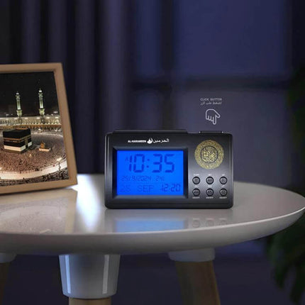 Simple Desktop Clock With Perpetual Calendar For Home Use — blue backlight bedside clock showing time, date, prayer features, compact 9.5×15.5cm