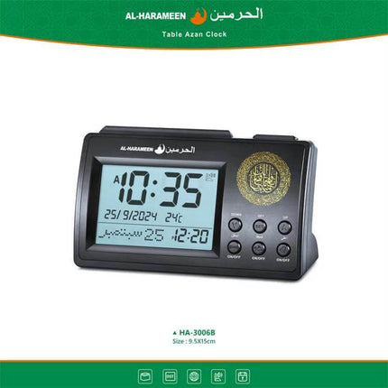 Simple Desktop Clock With Perpetual Calendar For Home Use showing digital time, prayer features, blue night-light and compact 9.5×15.5cm desk design
