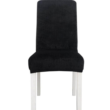 Simple Velvet Chair Cover With High Elastic Fit For Everyday Use shown on a black flannel dining chair for wrinkle-free, soft seating