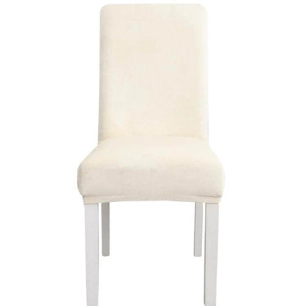 Simple Velvet Chair Cover With High Elastic Fit For Everyday Use - cream flannel stretch chair slipcover on standard dining chair, wrinkle-free fit