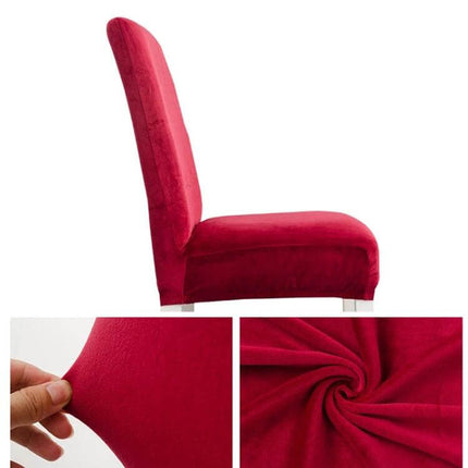 Simple Velvet Chair Cover With High Elastic Fit For Everyday Use in red flannel on dining chair showing snug fit and fabric close-ups