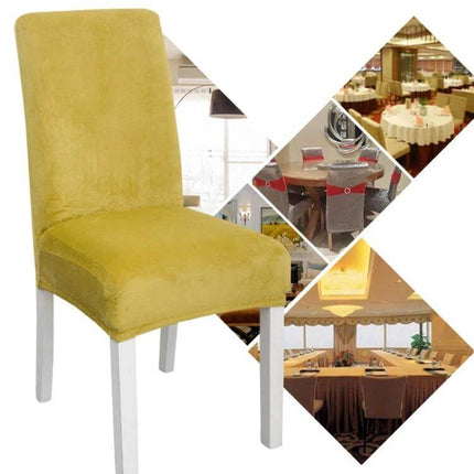 Simple Velvet Chair Cover With High Elastic Fit For Everyday Use - yellow flannel dining chair cover on white chair in living room and hotel settings