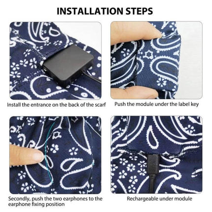 Sleep Headphones Wireless Headband, Deep Blue For Sleep And Training showing module installation steps on patterned blue fabric