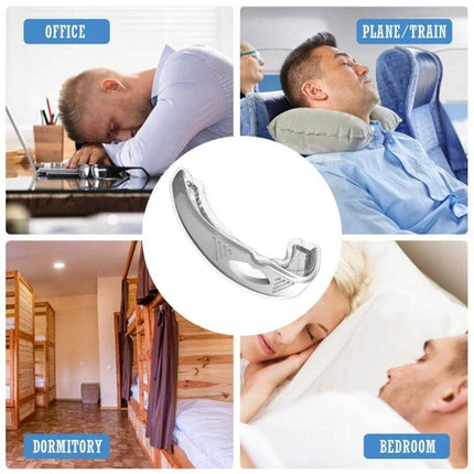 Sleeping Anti Snoring Mouth Guard White For Better Sleep - food-grade silicone night guard shown with travel case and use in office, plane, dorm, bedroom