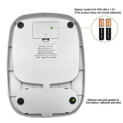 Small Multifunction Kitchen Scale For Home Baking, 3kg 0.1g - underside view showing battery compartment, silicone anti-skid gaskets and ABS body details