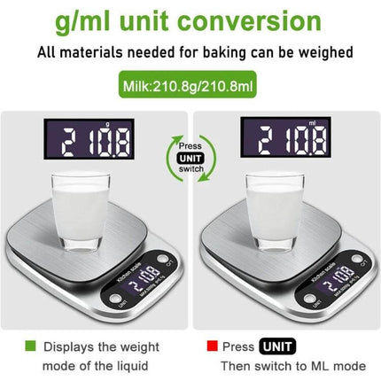 Small Multifunction Kitchen Scale For Home Baking, 3kg 0.1g - stainless steel pan, ABS body showing g/ml unit conversion and digital display