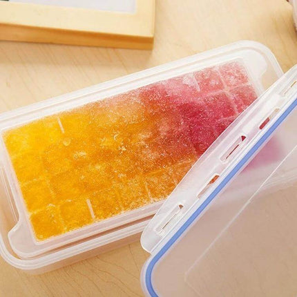 Small Square Ice Mold Trays Five-Layer With Cover Storage Box showing frozen colorful fruit ice cubes in layered tray with lid and storage box