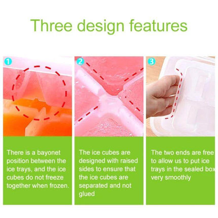 Small Square Ice Mold Trays Five-Layer With Cover Storage Box showing three design features: bayonet position, raised sides, easy-fit ends