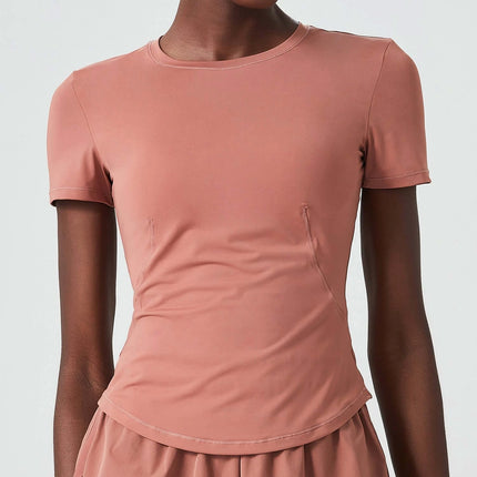 Small Waist Yoga Top With Short Sleeves In Black For Studio Practice modeled on a slim torso, short sleeves, quick-dry fit for studio yoga