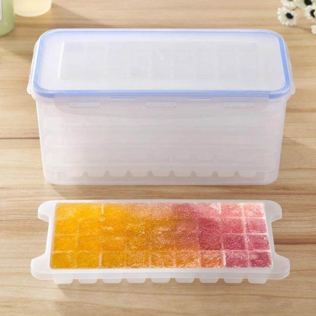 Small Square Ice Mold Trays Five-Layer With Cover Storage Box showing stacked molds with lid and filled frozen colorful cubes