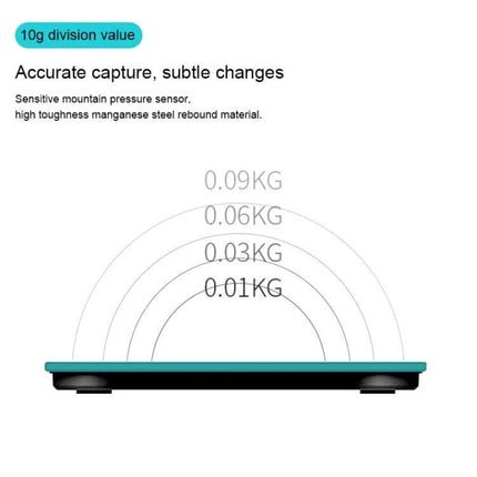 Smart Body Fat Scale Battery Powered For Everyday Home Use showing thin glass scale profile with 10g division accuracy and weight sensitivity arcs
