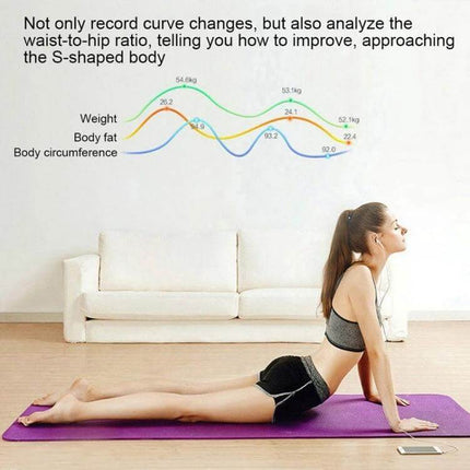 Smart Body Fat Scale Battery Powered For Everyday Home Use showing trend curves and a woman doing yoga to illustrate weight, body fat and circumference tracking