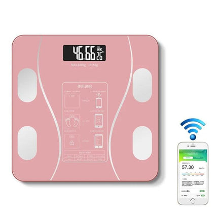 Smart Body Fat Scale Battery Powered For Everyday Home Use pink digital scale with app connectivity shows weight, body fat, moisture and trend curves
