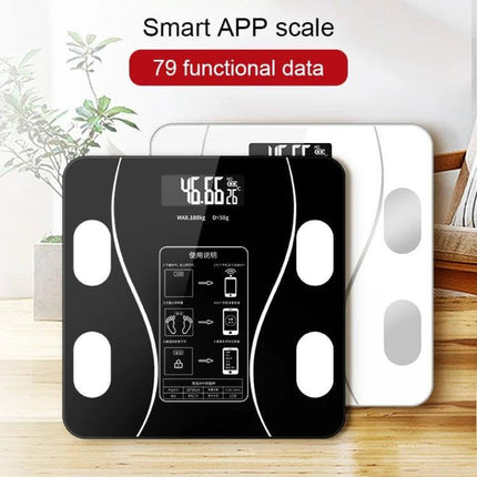 Smart Body Fat Scale Battery Powered For Everyday Home Use - black and white smart app scale showing weight, moisture and body fat trend display
