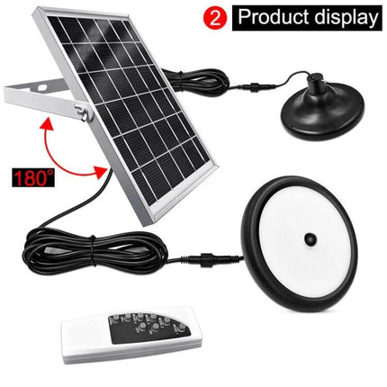 Smart Induction Solar Light For Indoor Outdoor Use With PIR Sensor showing solar panel, round LED lamp, PIR mount and remote control