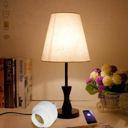 Smart Light Bulb Adapter With WiFi App Control For Home Lighting shown converting a table lamp for Tuya app remote brightness and scheduling