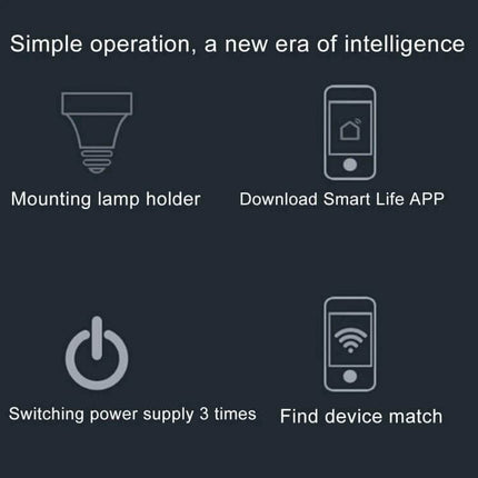 Smart Light Bulb Adapter With WiFi App Control For Home Lighting - icons showing mounting, Smart Life app, power cycling, and device pairing