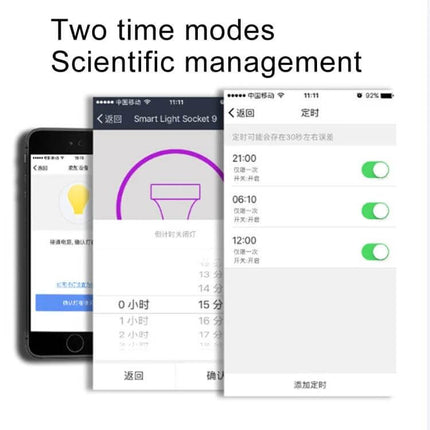 Smart Light Bulb Adapter With WiFi App Control For Home Lighting - Tuya app schedules and timer screens showing brightness and on/off controls