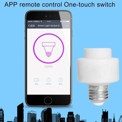 Smart Light Bulb Adapter With WiFi App Control For Home Lighting — white adapter next to smartphone showing Tuya Smart app remote control