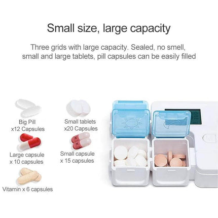 Smart Pill Box Portable Three-Compartment For Daily Medication showing three detachable compartments with pills and capacity examples
