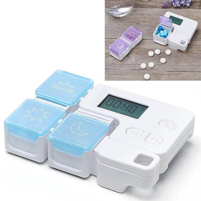 Smart Pill Box Portable Three-Compartment For Daily Medication slim white case with three detachable blue compartments and digital timer
