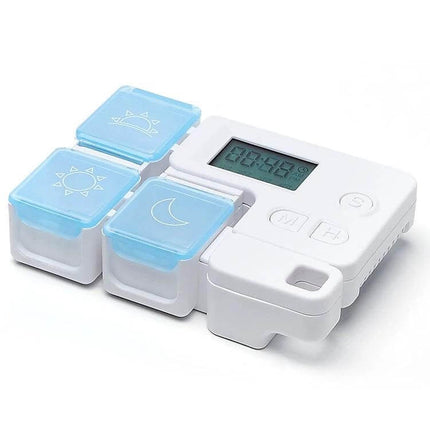 Smart Pill Box Portable Three-Compartment For Daily Medication - slim white case with three detachable blue-lid compartments and digital timer