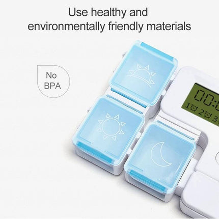 Smart Pill Box Portable Three-Compartment For Daily Medication showing three detachable blue compartments with sun, moon icons and digital timer
