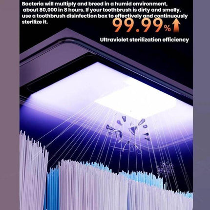 Smart Rechargeable Toothbrush UV Sterilizer and Wall-Mount Storage Rack showing UV light sterilizing toothbrush bristles with 99.99% efficiency, wall-mount design